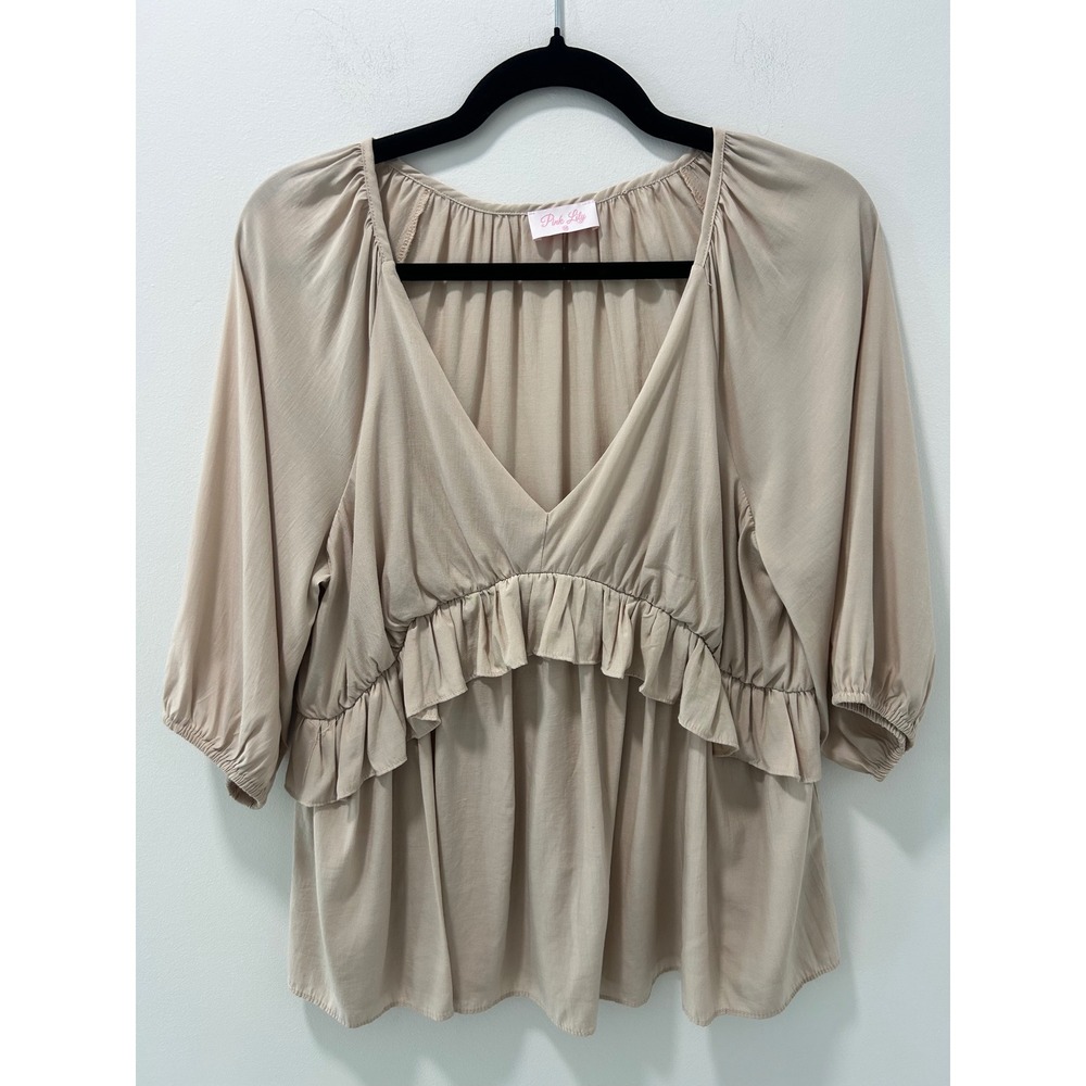 Pink Lily Beige V-Neck Ruffle Empire Waist Babydoll Blouse Top S16624 Medium